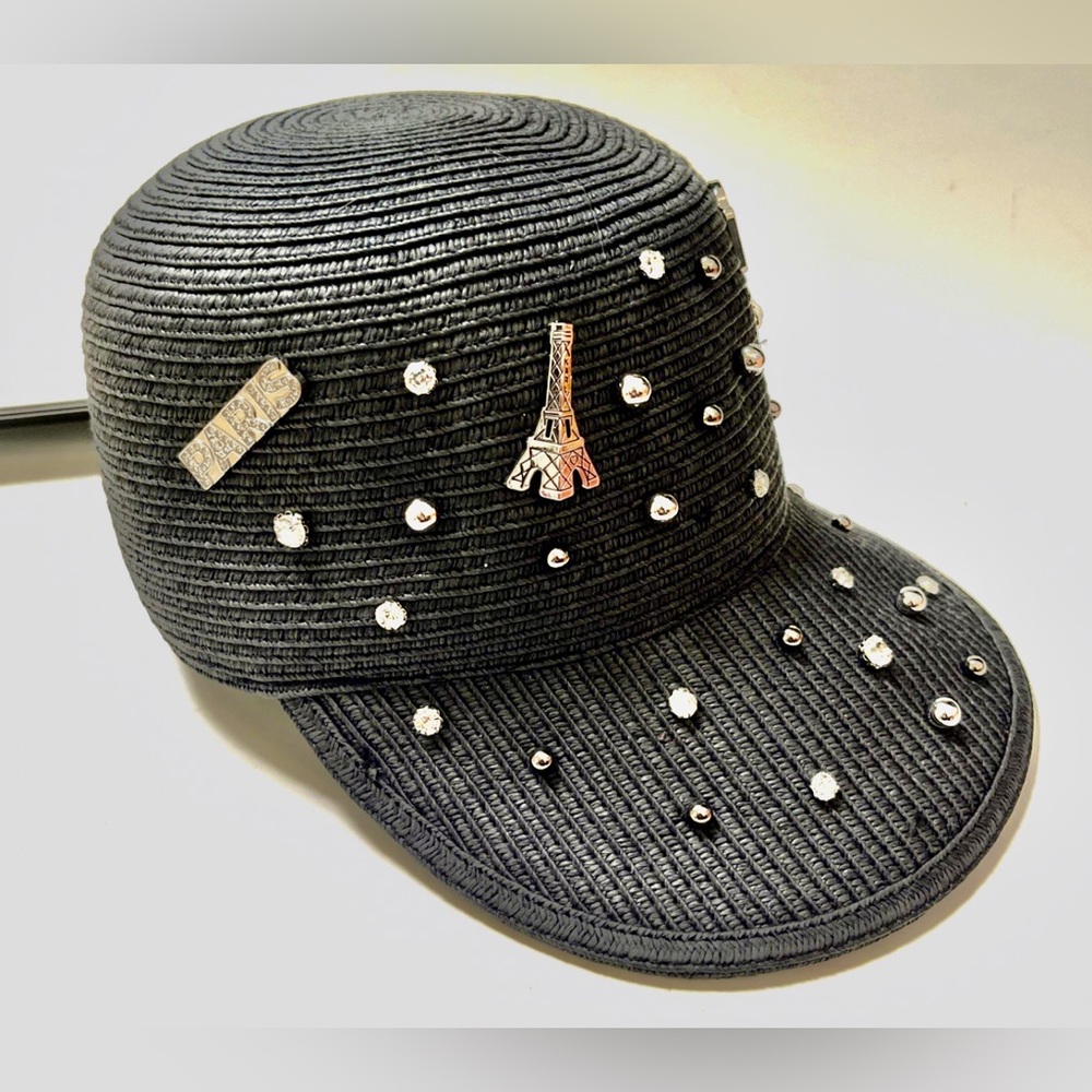 KARL LAGERFELD Straw Hat Enamel Pins Embellished Studded Cap